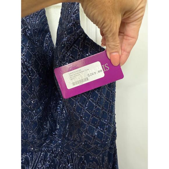 Abby Paris 90011 Formal midnight blue Glitter Gown 8 halter open back NWT $269 - Picture 11 of 14